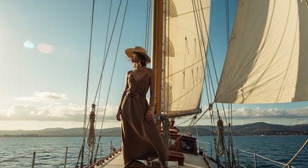 Beautiful girl in a long dress and a hat on the deck of a sailing yachtの素材