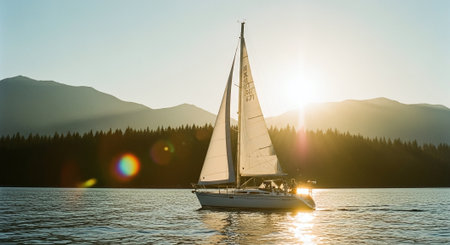 Sailing yacht on the lake at sunset. Yachting in the mountains.の素材