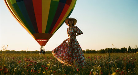 Beautiful girl in a field of flowers and a hot air balloonの素材