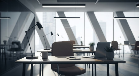 Interior of modern office with city view. 3D Renderingの素材