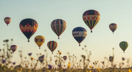 Hot air balloons flying over a meadow at sunrise in Cappadocia, Turkeyの素材