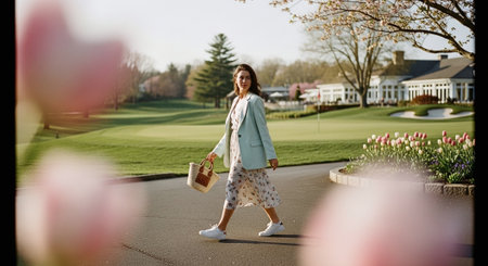 Beautiful young woman walking in the park with a bouquet of tulipsの素材