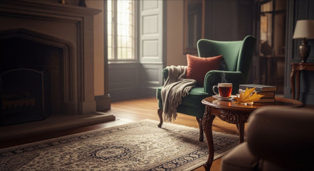 Living room interior with a green armchair, a coffee cup and booksの素材
