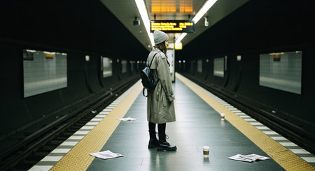 Young man in raincoat and hat waiting for the train at the stationの素材