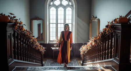 Beautiful woman in long red dress posing in the hall of the castleの素材