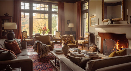 Luxury living room with fireplace, armchairs and armchairsの素材