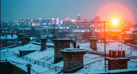 View of the city from the roof of a residential building at sunsetの素材