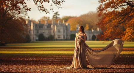 Beautiful girl in a long dress in the autumn park at sunsetの素材