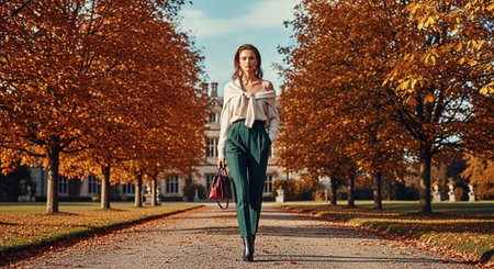 Outdoor fashion portrait of beautiful young woman walking in autumn park.の素材