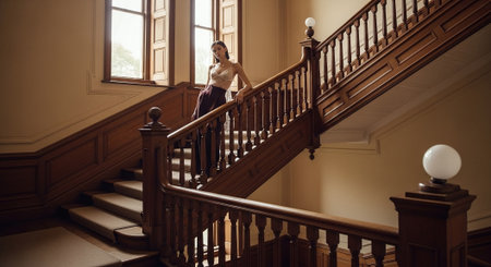 Beautiful young woman in a long skirt and blouse, standing on the stairsの素材