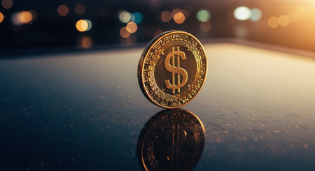 Golden coin of dollar on the background of the city at night.の素材