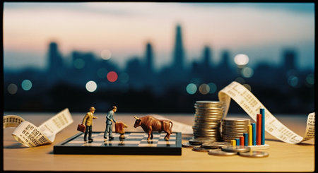 Business and finance concept, Businessman standing on chess board with coins and graph on city backgroundの素材