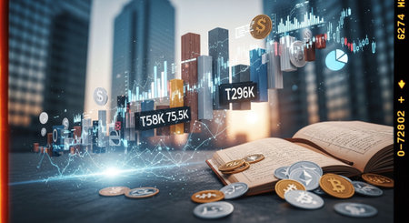 Open book with financial charts and graphs on blurry city background 3D renderingの素材