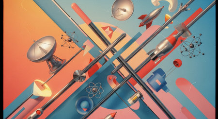 3d illustration of satellite dish and satellite dish in abstract space backgroundの素材