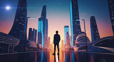 Businessman walking on a city street with skyscrapers at nightの素材