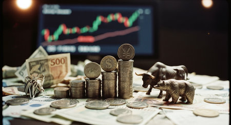 Coins and bear on the background of a stock chart. Business conceptの素材