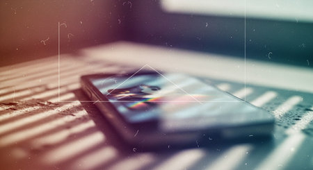 Close up of a smartphone with a graph on the screen. Business conceptの素材