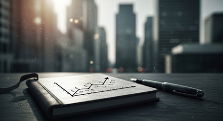 Business plan concept with notebook and pen on office desk. Mixed mediaの素材