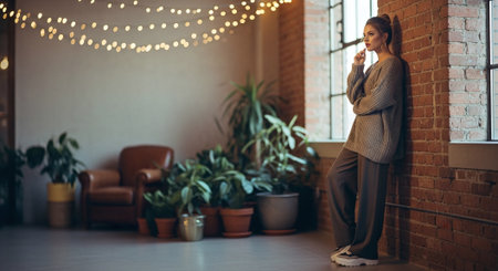 Young businesswoman using mobile phone at modern loft office. Happy businesswoman talking on cell phone.の素材
