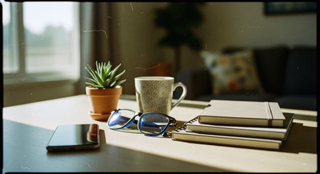 Office desk with a cup of coffee, smartphone, books and glassesの素材