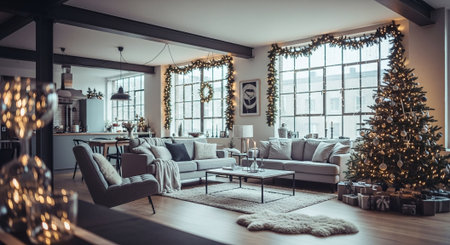 Luxury living room with christmas tree, fireplace and tv setの素材