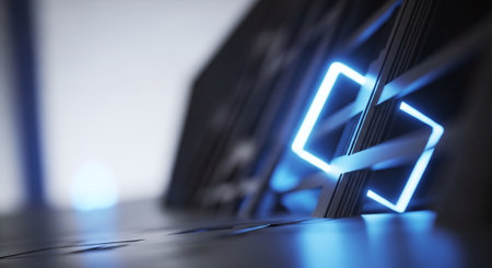 3d render of a computer with blue neon lights in the darkの素材