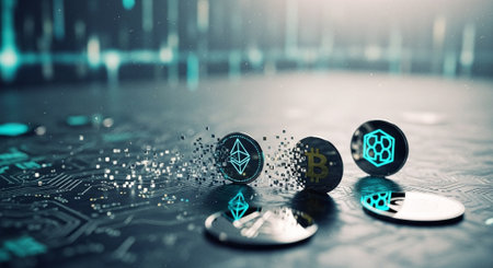 Cryptocurrency and blockchain concept. 3D rendering. Virtual cryptocurrency conceptの素材