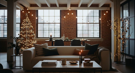 Cozy living room with fireplace and christmas tree. 3d renderingの素材