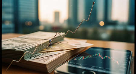 Stock market or forex trading graph and candlestick chart suitable for financial investment concept. Economy trends background for business idea and all art work design. Abstract finance background.の素材