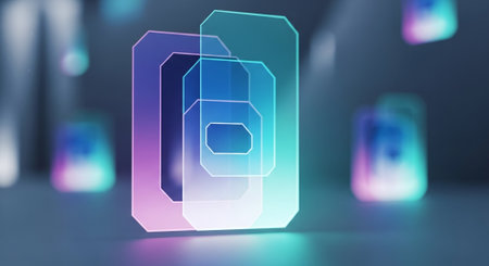 3D rendering of glowing icon in blue and violet colors on dark backgroundの素材