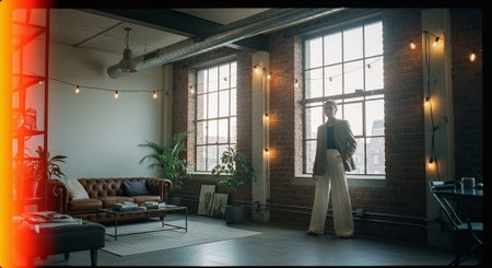 Fashionable young woman in modern loft interior. Toned imageの素材