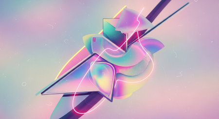 3d rendering of abstract geometric shapes in neon light on colorful backgroundの素材