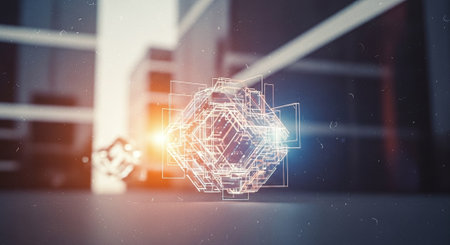 Glowing hexagon design on blurry office interior background. 3D renderingの素材