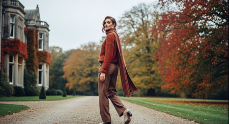 Beautiful young woman walking in autumn park. Autumn fashion concept.の素材