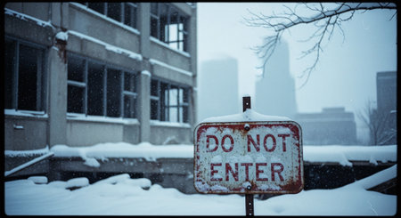 Do not enter sign on a snowy street in the city. Toned.の素材