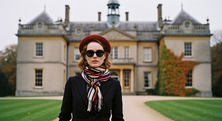 Portrait of a beautiful woman in a coat and beret in the parkの素材