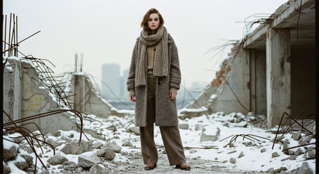 Beautiful young girl in a gray coat and scarf on the background of an abandoned buildingの素材