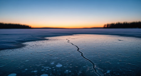Beautiful winter sunset on the frozen lake. Shallow depth of field.の素材
