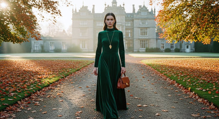 Beautiful young woman in long green dress walking in the autumn parkの素材