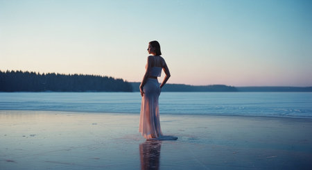 Beautiful woman in a long white dress on the frozen lake at sunsetの素材