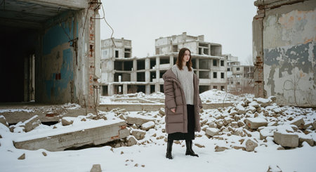 Portrait of a young beautiful girl in a coat on the ruins of an old factoryの素材