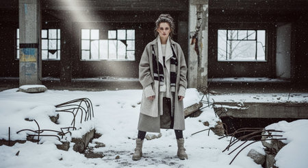 Beautiful girl in a gray coat at the old factory in winterの素材