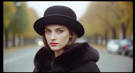 Beautiful young woman in a black hat and fur coat on the streetの素材