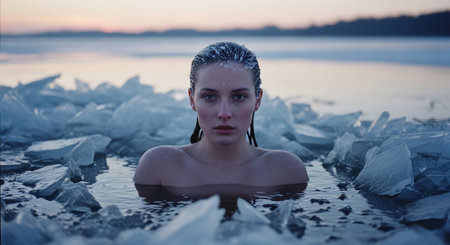 Portrait of a beautiful young woman in the water at sunset.の素材