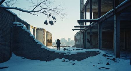 A man standing on the stairs of an abandoned building in the winterの素材
