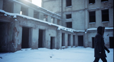 Abandoned building in winter. Blurred background with copy spaceの素材