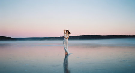 Beautiful young woman in white dress standing on frozen lake at sunsetの素材