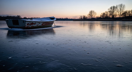 Fishing boat on the frozen lake at sunset in winter season.の素材