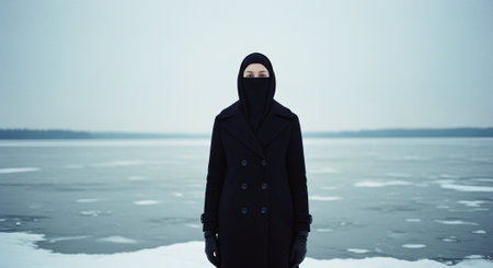 Young muslim woman in black coat and hijab standing on the frozen lakeの素材