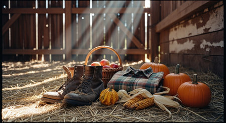 Autumn still life with pumpkins, apples, boots, corn and plaidの素材